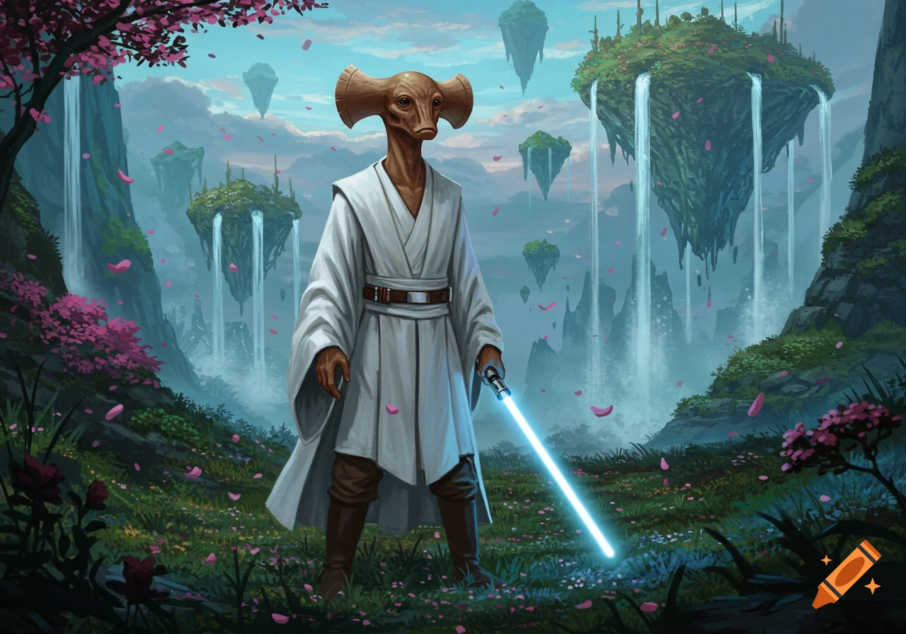 An Ithorian Jedi in a white robe holds a blue lightsaber in a lush alien landscape with floating islands and waterfalls.