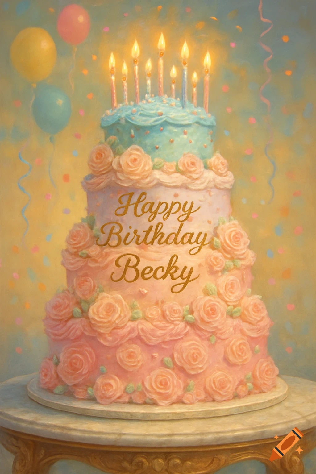 Painterly three-tiered birthday cake with lit candles, 'Happy Birthday Becky' text, balloons, and confetti.