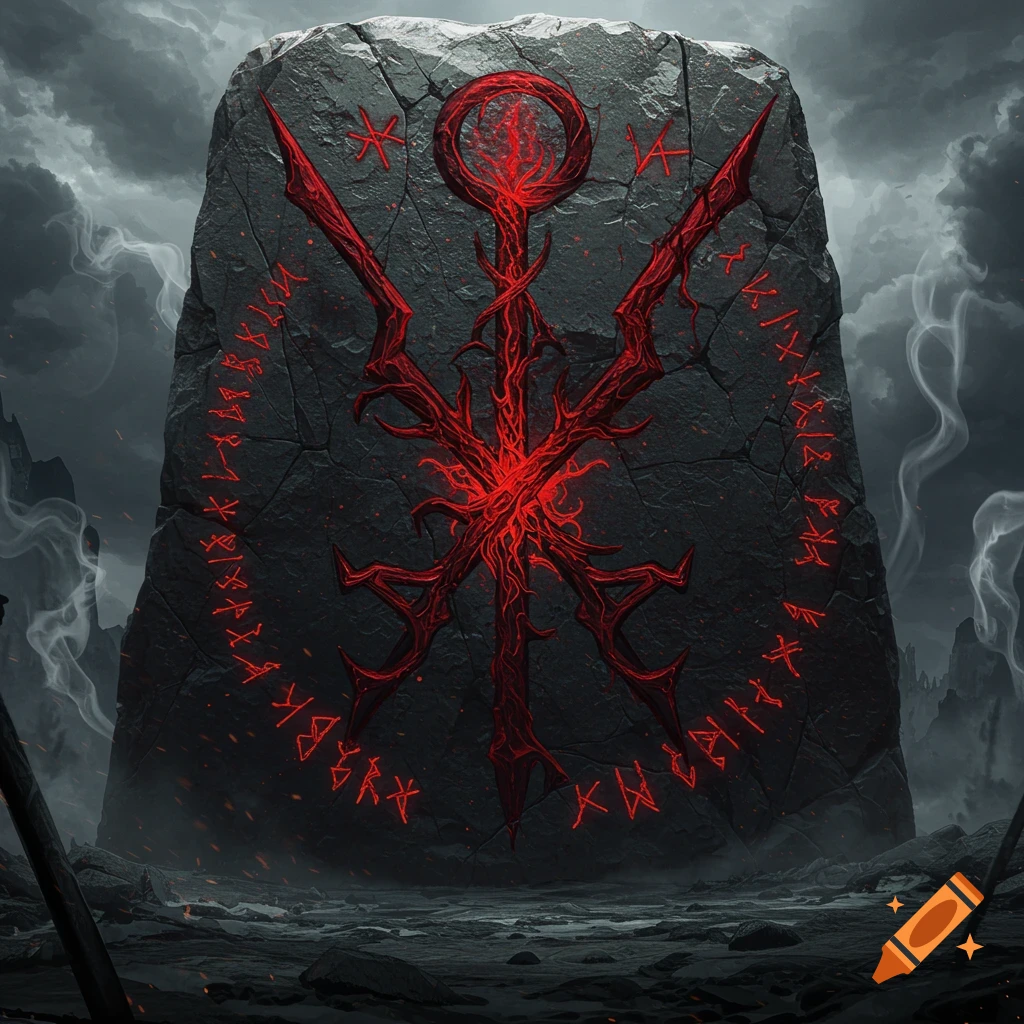 Dark stone monolith with a glowing red thorny symbol and illegible runes in a desolate, stormy landscape.