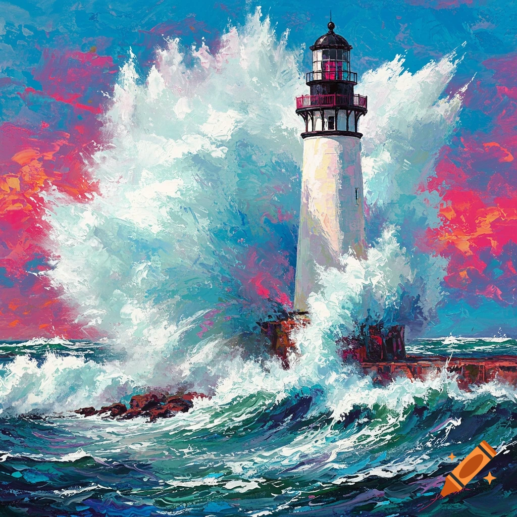 Vibrant impasto painting of a white lighthouse enduring powerful, crashing waves under a neon blue and pink sky.