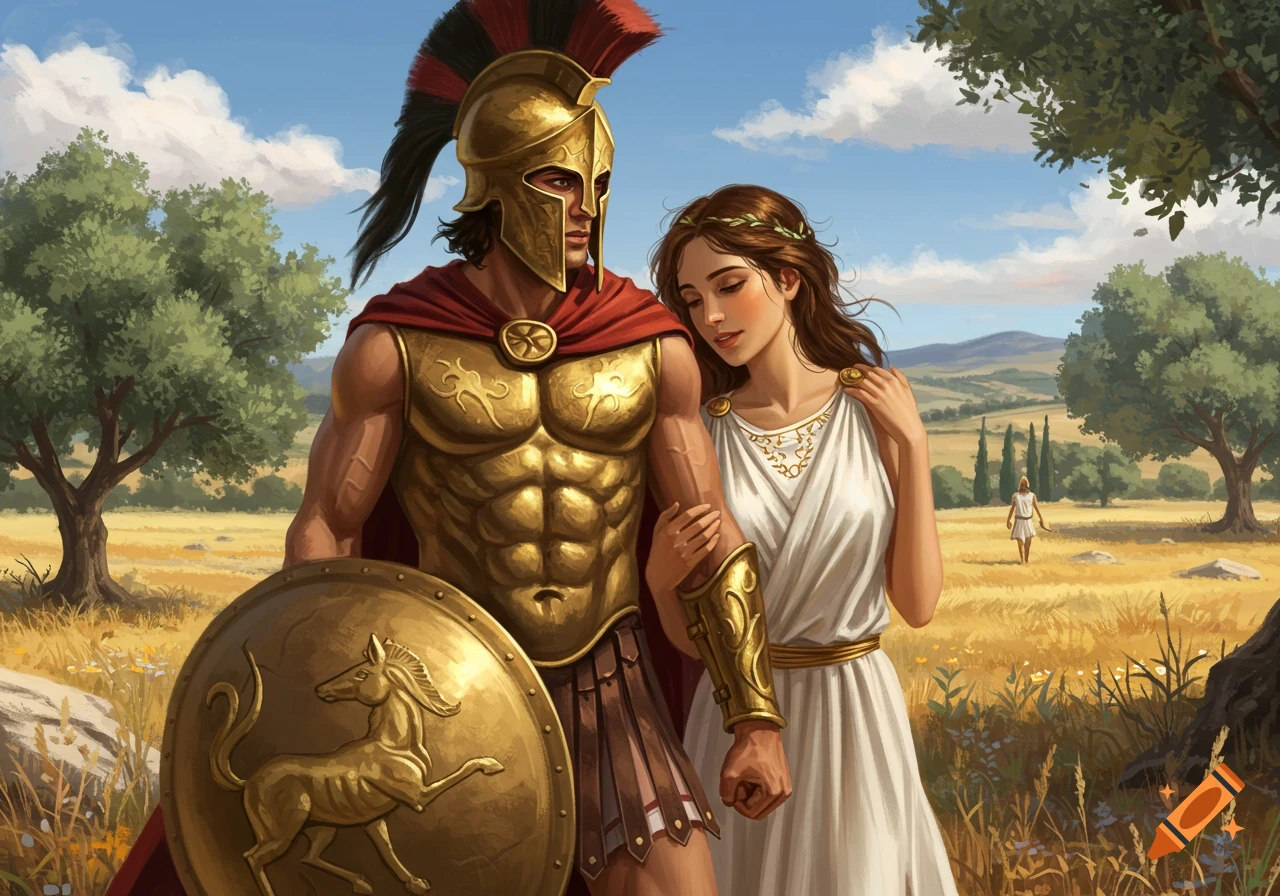 A Spartan warrior in golden armor and red cape stands with a woman in a white dress, holding his arm, in a sunny field.
