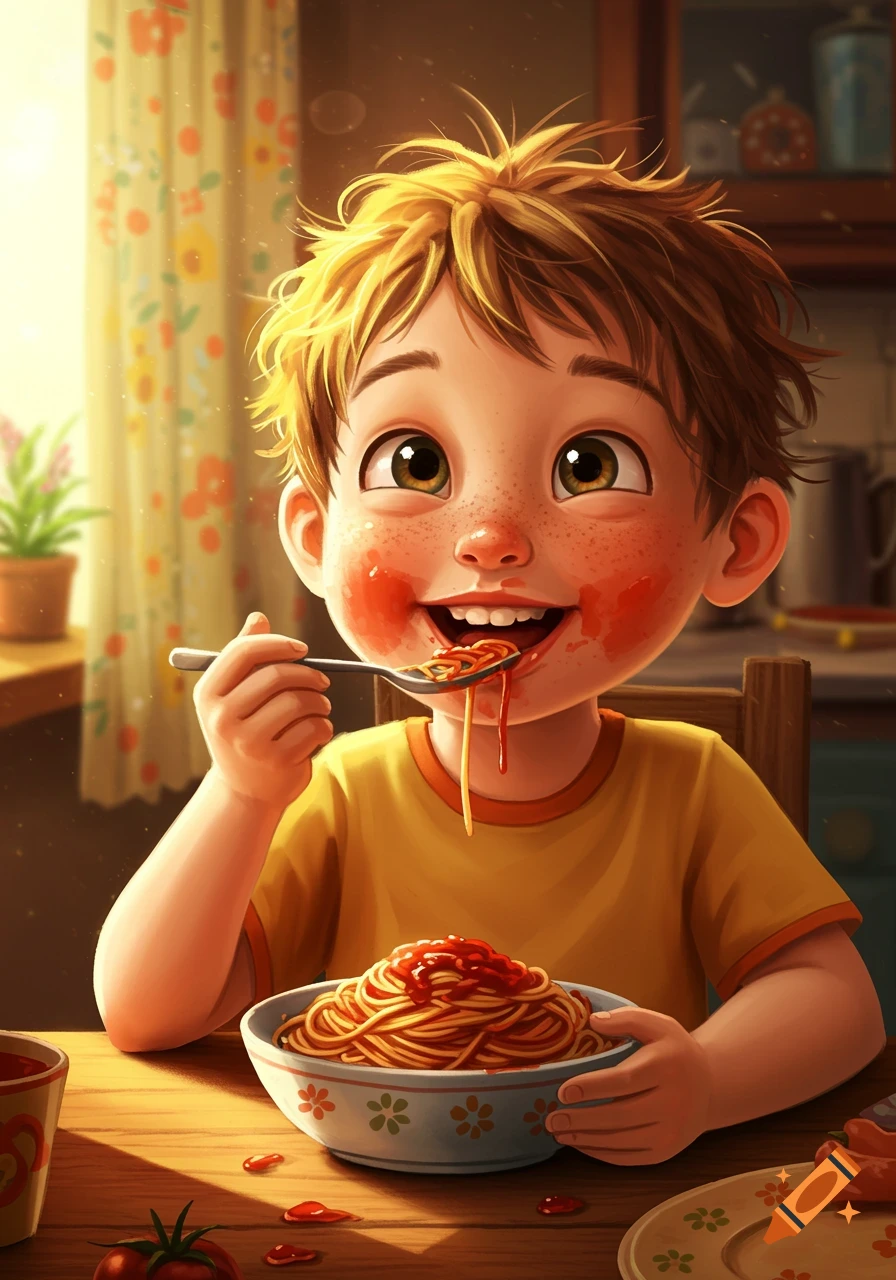 A happy cartoon boy with messy red sauce on his face eats a bowl of spaghetti at a wooden table.