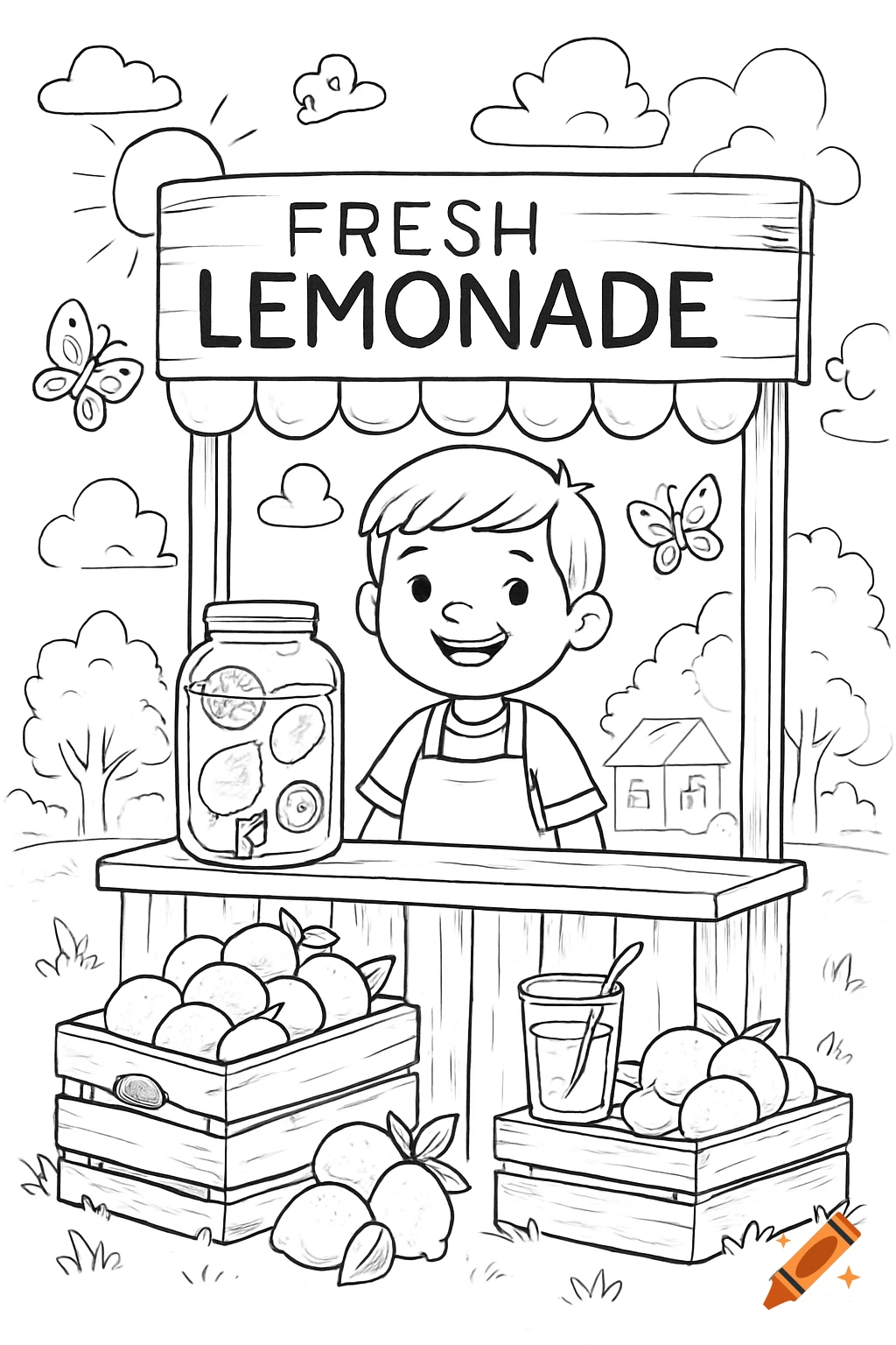 A black and white coloring page of a smiling boy at a lemonade stand with a sign saying 'FRESH LEMONADE', lemons, and a drink.