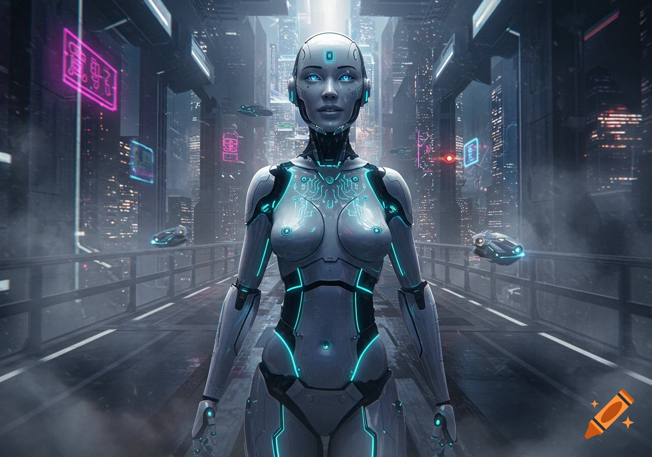 Photorealistic female humanoid robot with glowing blue circuits in a futuristic cyberpunk city with neon signs.
