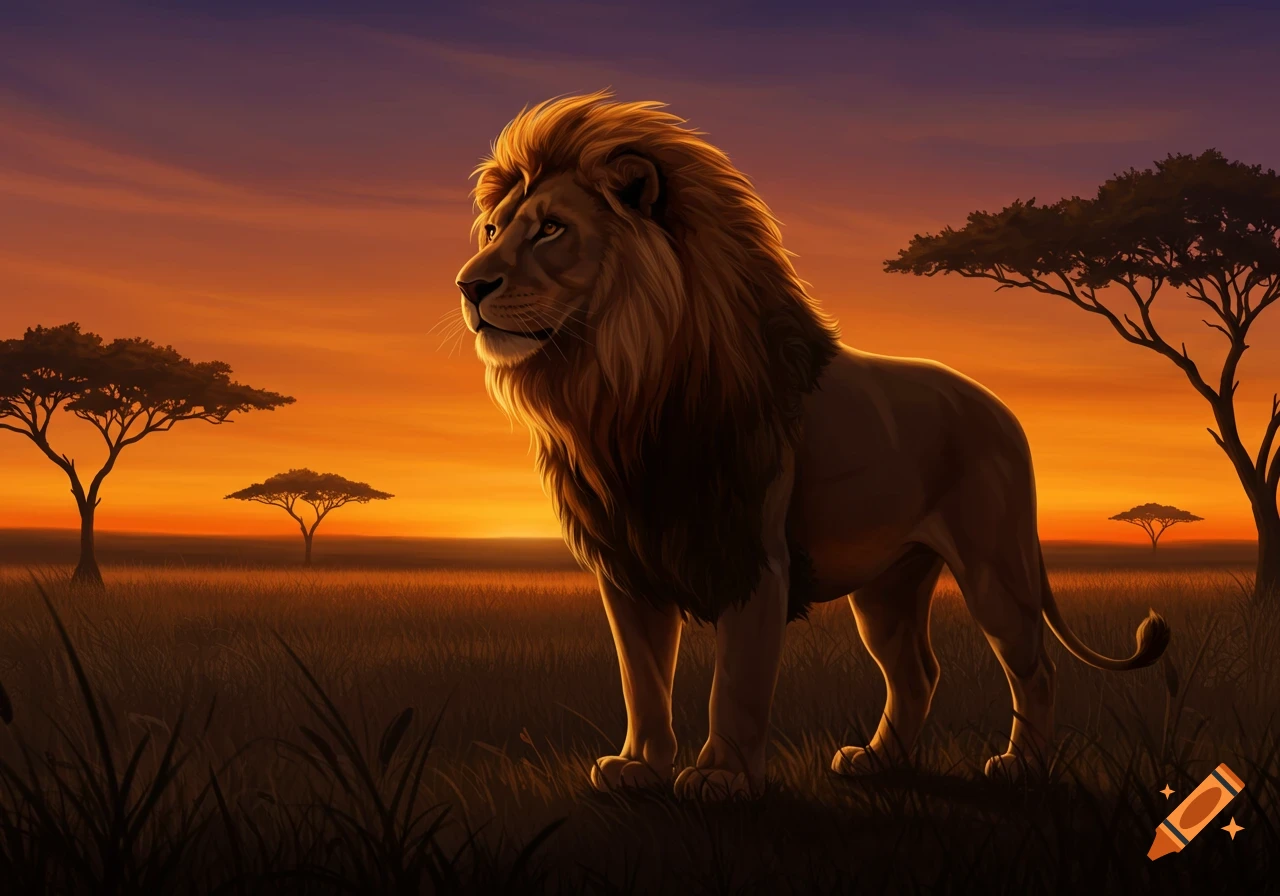 A majestic lion stands in a savanna at sunset, with acacia trees silhouetted against an orange and purple sky.
