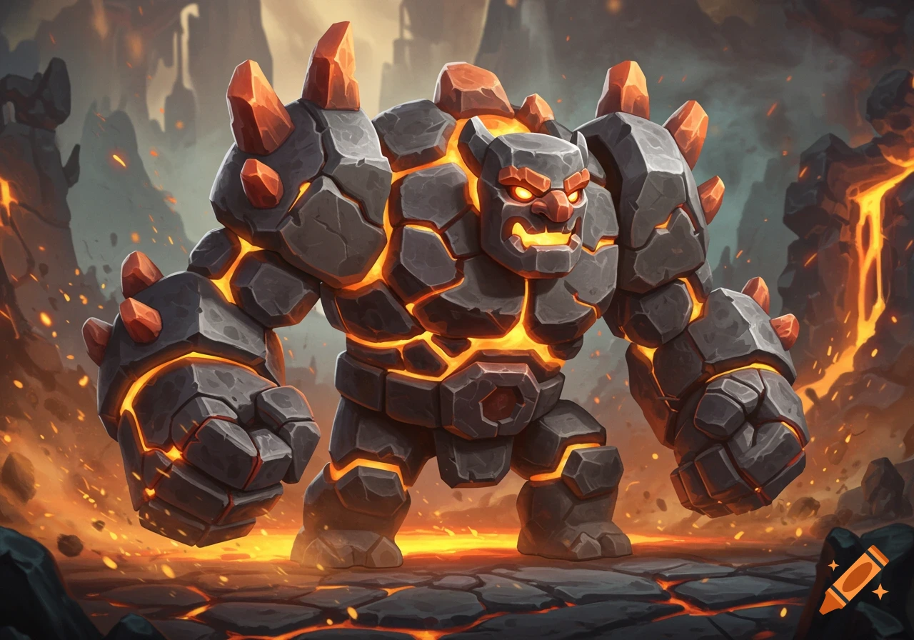 A cartoonish golem made of dark cracked rock and glowing orange lava, standing in a fiery, volcanic landscape.