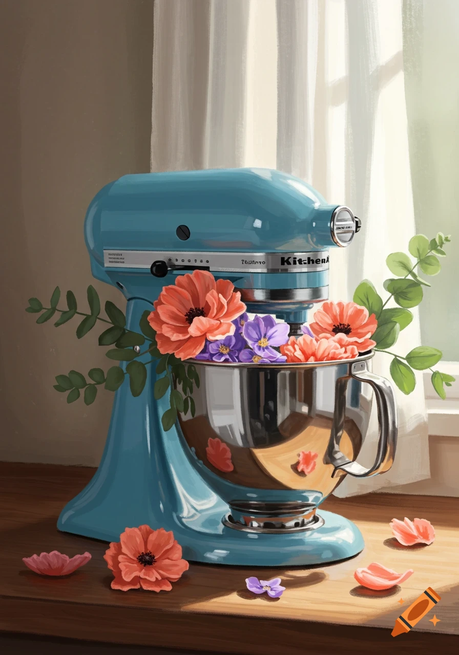 An illustrative still life of a blue KitchenAid mixer with a silver bowl overflowing with orange and purple flowers, on a wooden surface.