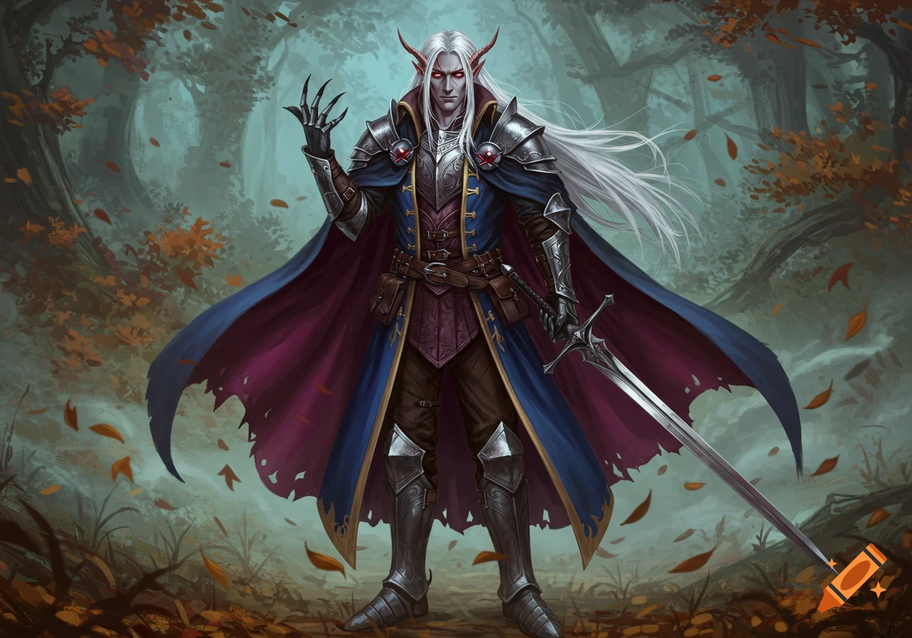 A pale, red-eyed fantasy character with white hair, horns, and clawed hand, in ornate armor and blue-red cape, holding a sword in a forest.