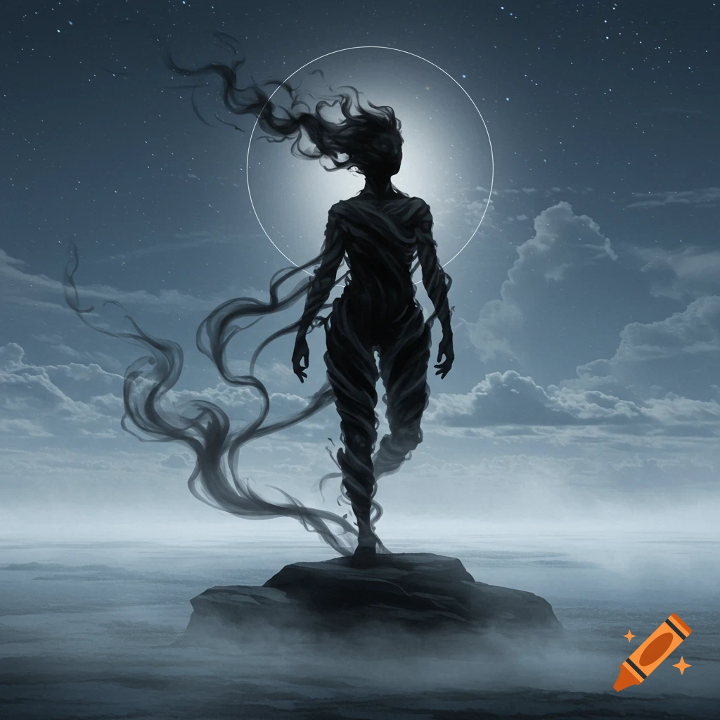 A dark, misty humanoid figure with flowing tendrils stands on a rock under a starry night sky, illuminated by a halo-like light.