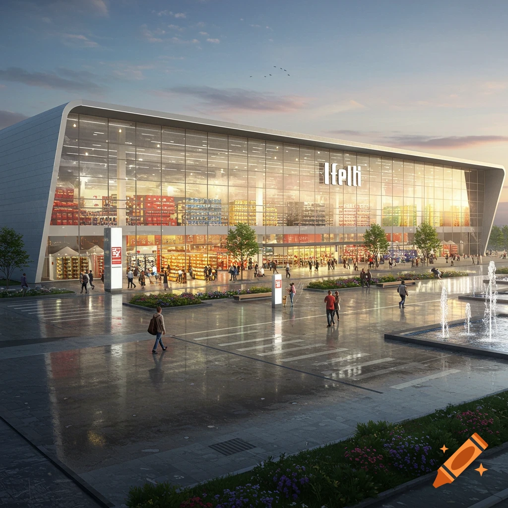 A photorealistic rendering of a large, modern hypermarket with a glass facade, people outside, and a fountain in the foreground at sunset.
