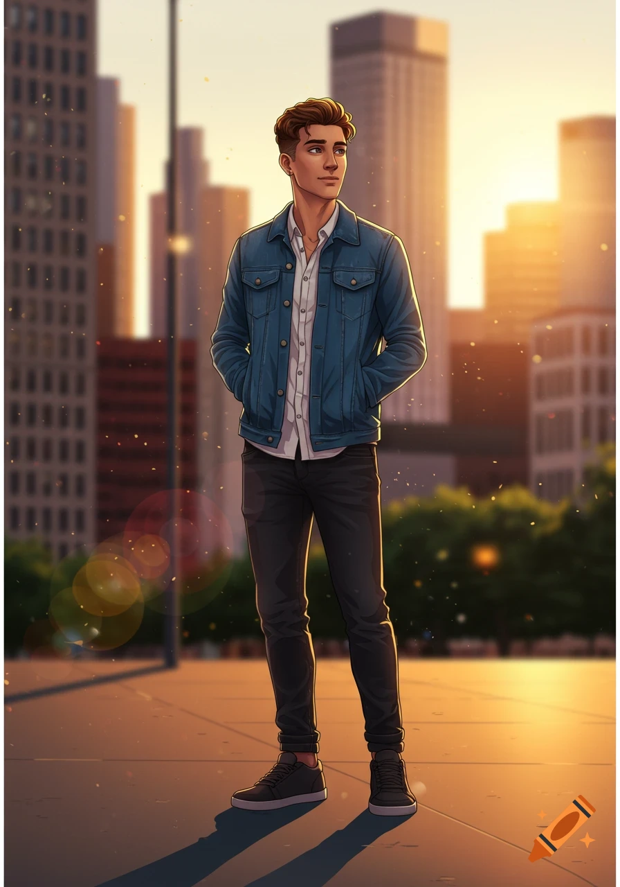 A stylized drawing of a young man in a denim jacket and dark pants, standing on a city street at sunset.