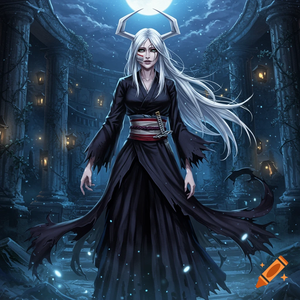 A white-haired female anime character with horns and a mask-like face marking, wearing a flowing black robe, stands in moonlit ruins.