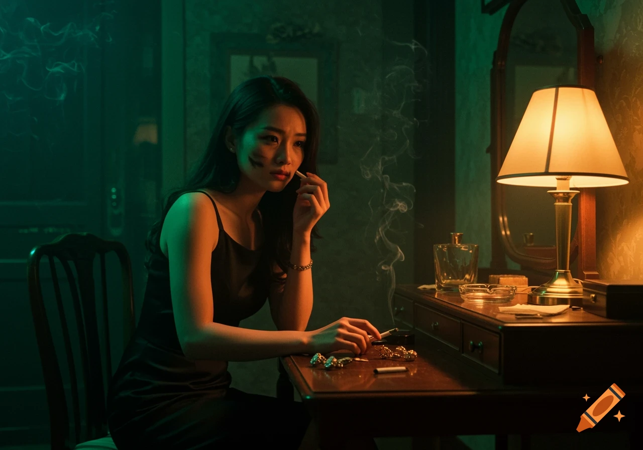 Cinematic portrait of a woman in a black dress sitting at a vanity table, smoking a cigarette in a dimly lit, green-hued room.