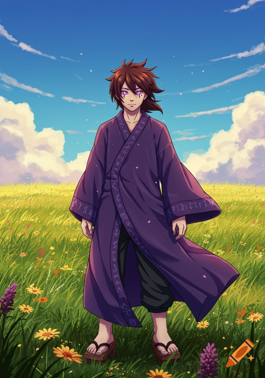 Anime-style guy with brown hair, purple eyes, and a purple patterned robe stands in a sunny wildflower field.