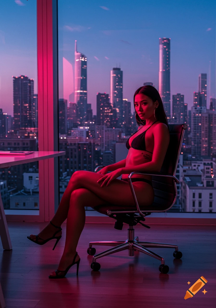 A young woman in a black bikini sits sideways in an office chair against a city skyline, bathed in rosy neon light.