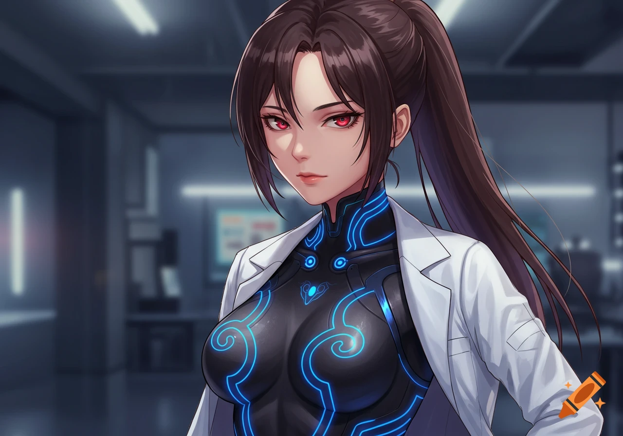 Anime young woman with a dark brown ponytail, red eyes, wearing a black skin-tight suit with blue patterns and a white lab coat in a futuristic lab.