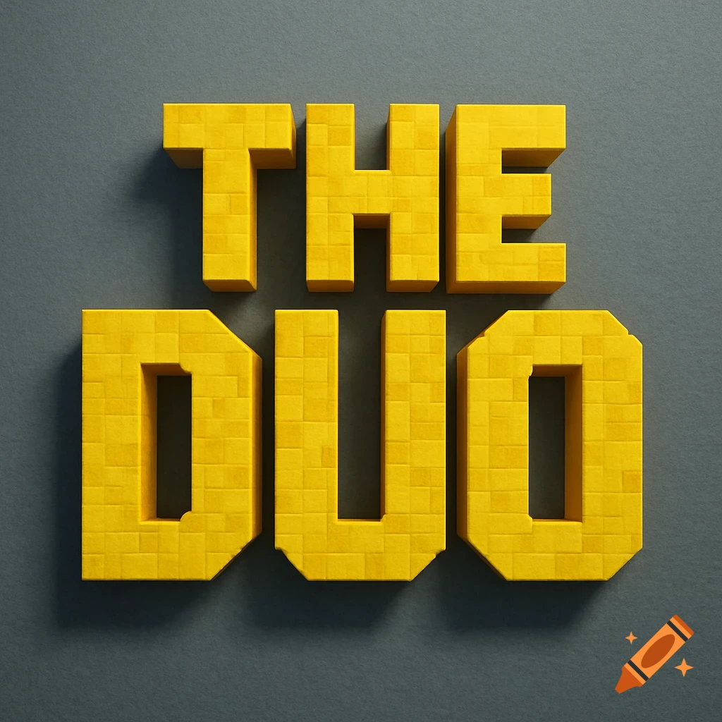 3D rendering of yellow blocky letters spelling 'THE DUO' on a gray background, in a Minecraft-like style.