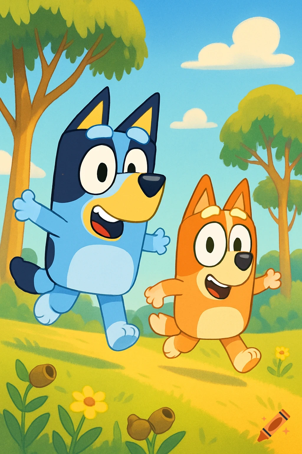 Bluey and Bingo, two cartoon dogs, happily run through a sunny park with trees and flowers.