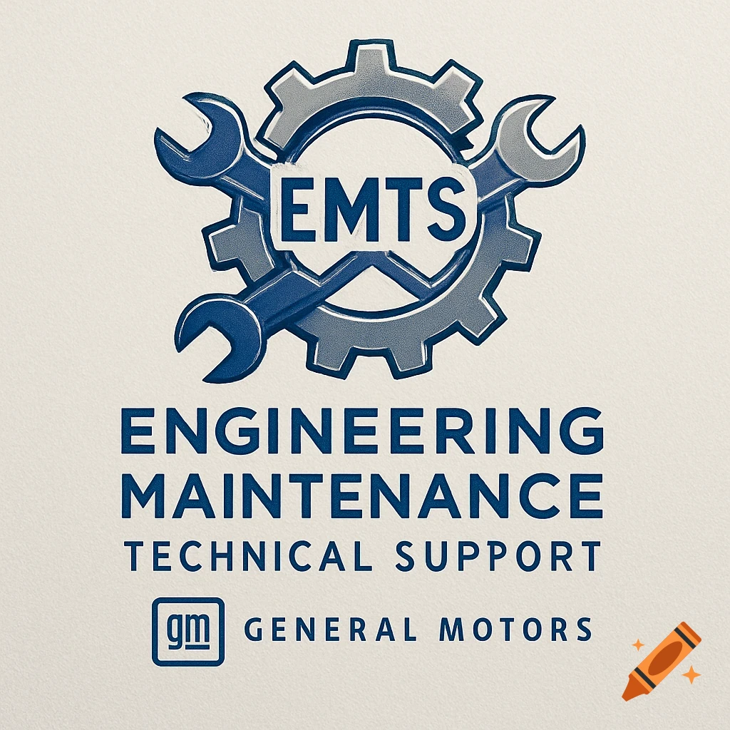 Corporate logo with a gray gear and blue wrenches, text reads 'EMTS ENGINEERING MAINTENANCE TECHNICAL SUPPORT gm GENERAL MOTORS'.