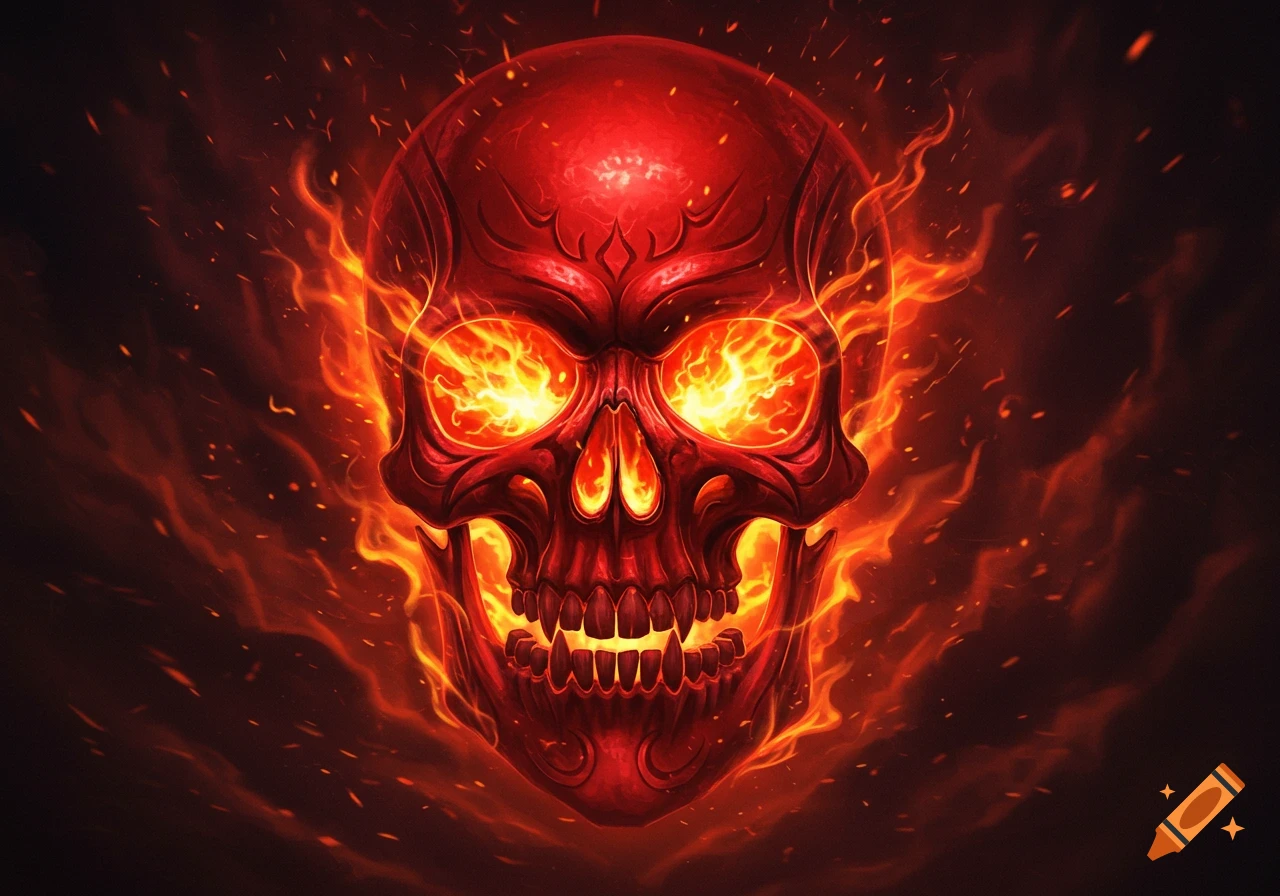 A vibrant red skull with fiery eyes and teeth, engulfed in orange flames against a dark background, in a digital art style.