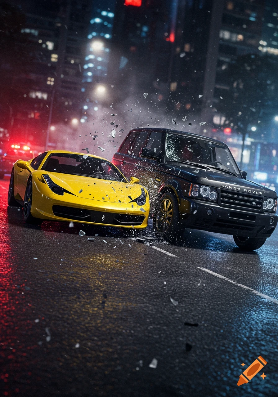 A yellow Ferrari and a black Range Rover collide on a wet city street at night, debris flying. Photorealistic.