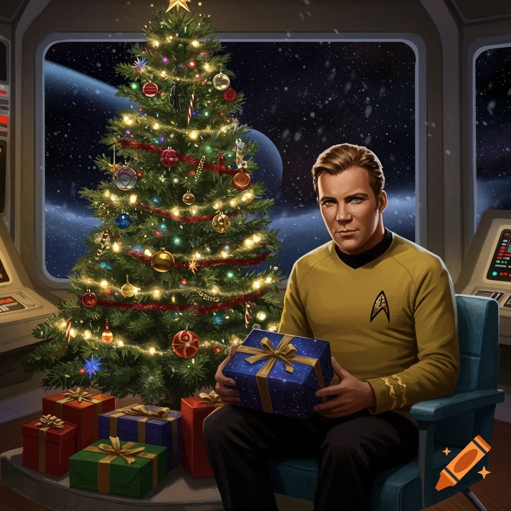 Captain Kirk in a spaceship, sitting by a decorated Christmas tree with gifts, holding a blue present, with space visible through the window. Illustrated.