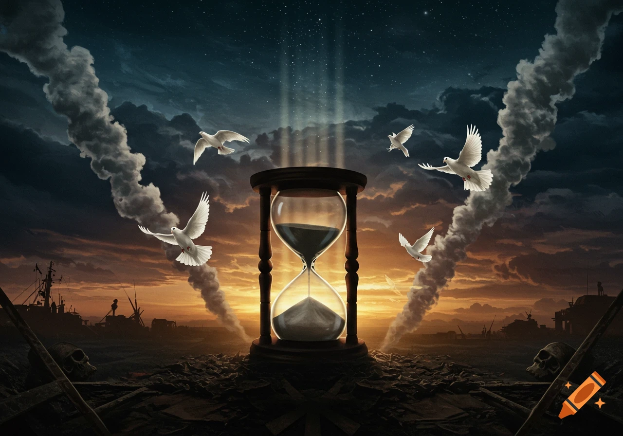 A large hourglass centered in a desolate, smokey landscape with white doves flying, under a dramatic starry and sunset sky.