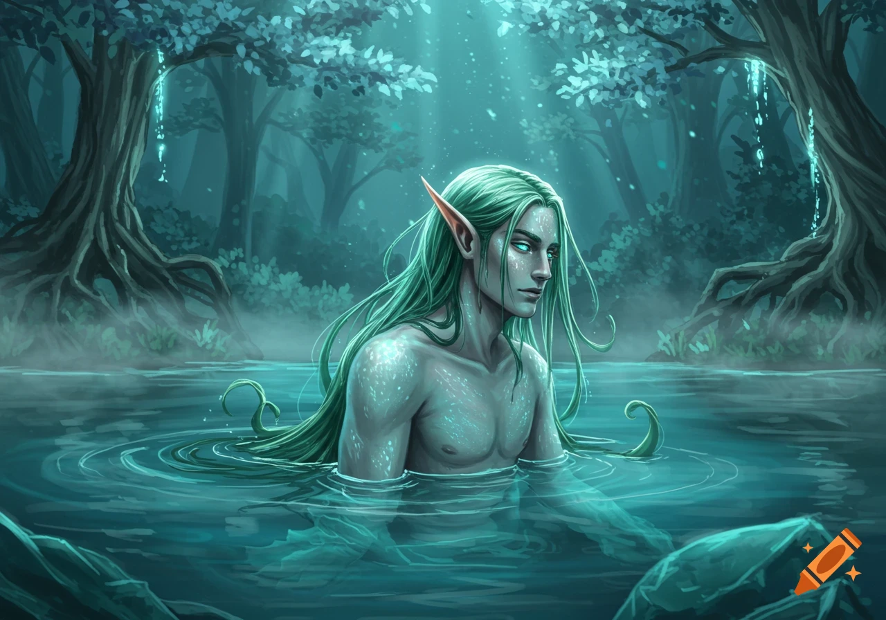 A male elf with long green hair and glowing eyes, partially submerged in mystical water in a dark forest.