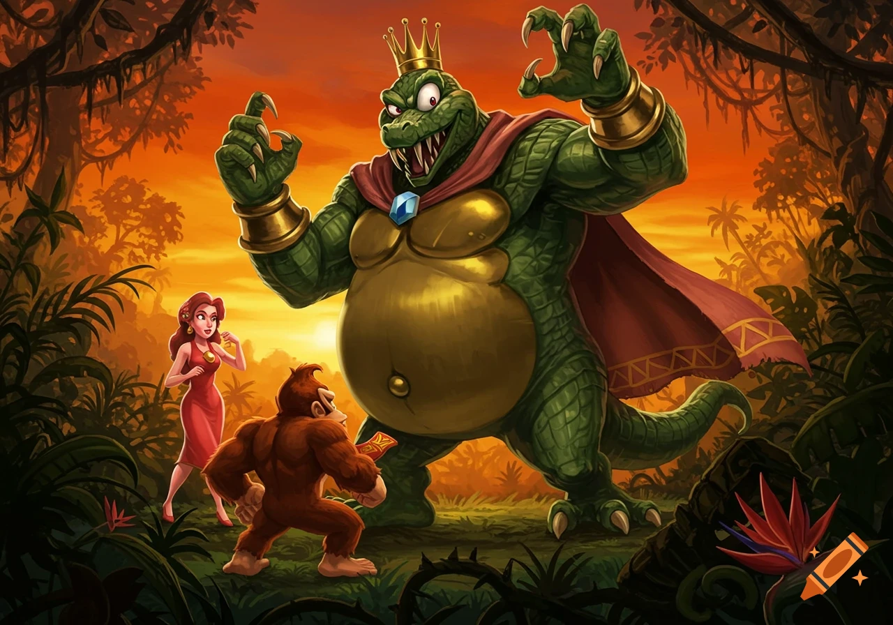 King K. Rool looms over Donkey Kong and Pauline in a vibrant jungle at sunset, stylized illustration.