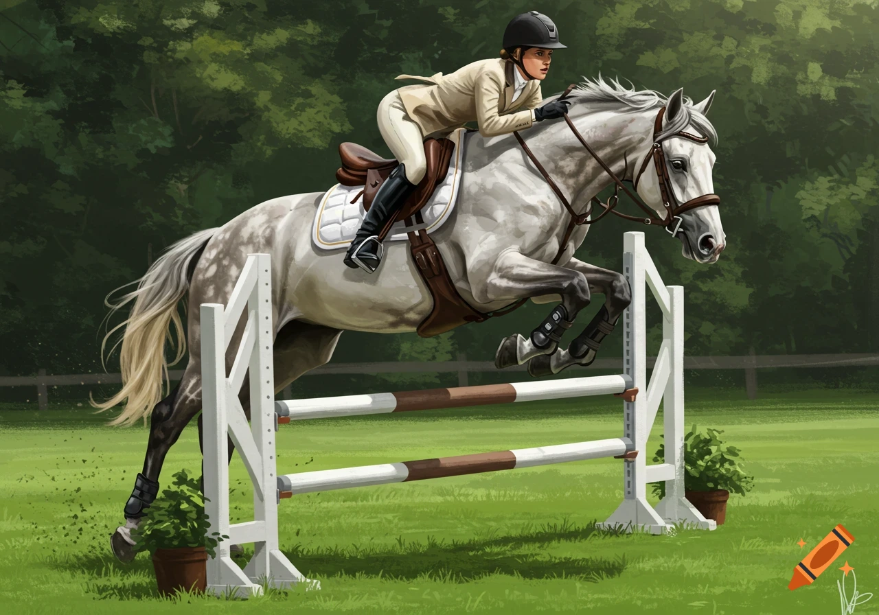 A female rider in light riding attire and black boots on a grey dappled horse, mid-jump over a white and brown obstacle on a green grassy field with trees in the background.