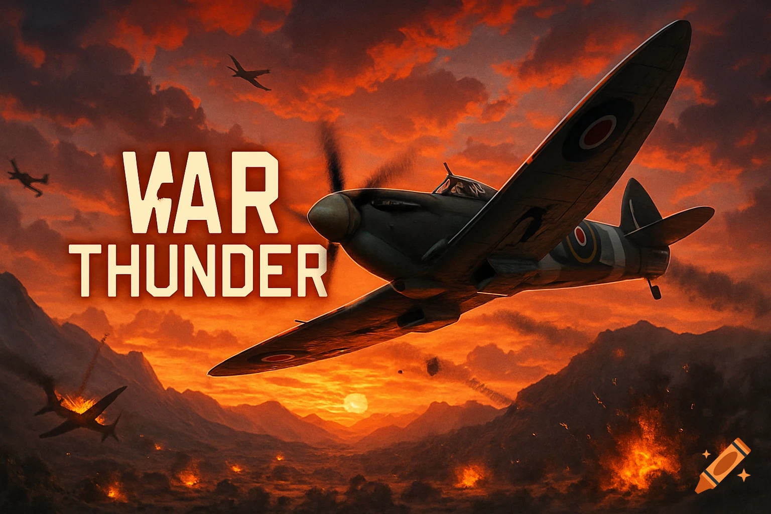 WW2 fighter plane flying over a war-torn mountainous landscape at sunset with explosions, text reads 'WAR THUNDER'.