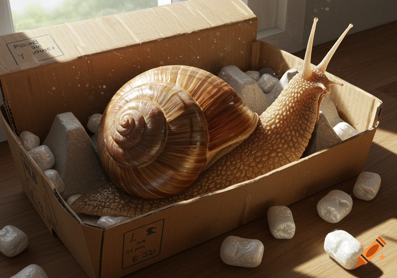 A large, detailed snail rests inside an open cardboard shipping box with packaging peanuts, under sunlight. Photorealistic.