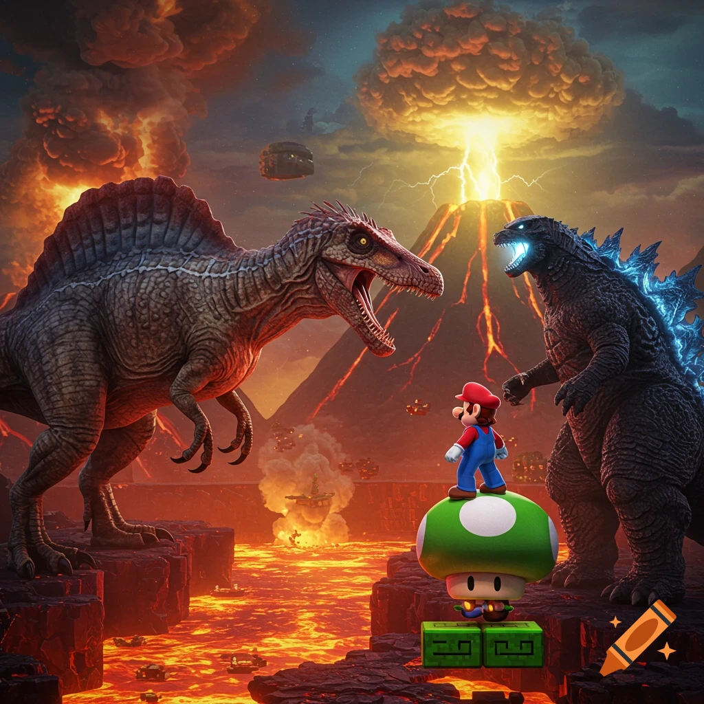 Mario stands on a mushroom, observing a Spinosaurus and Godzilla amidst a volcanic landscape with erupting volcanoes and lava.