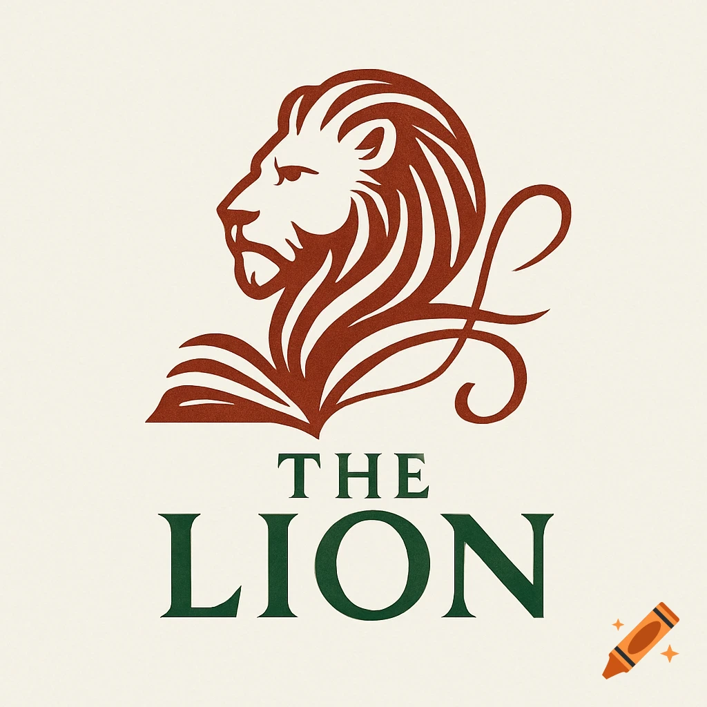 A stylized brown lion head logo with elegant mane and green text 'THE LION' on a cream background.