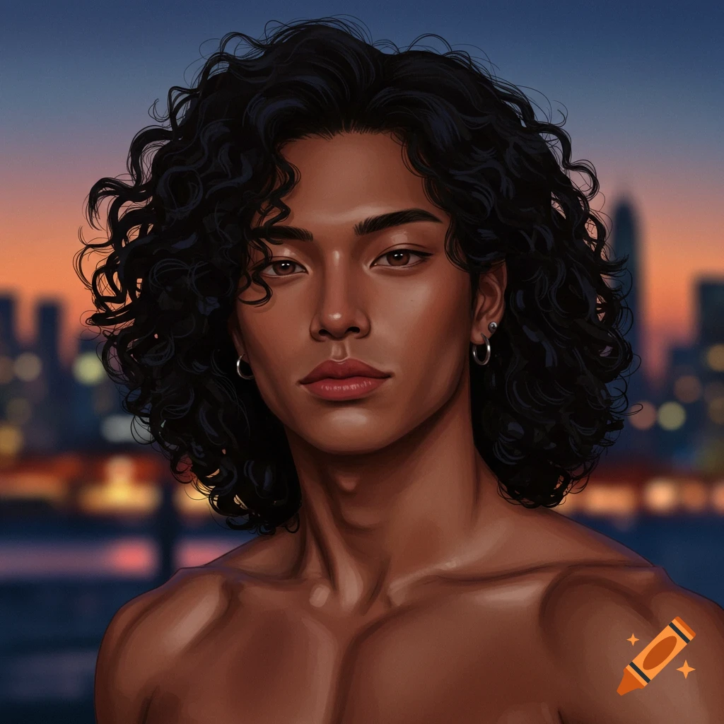 Digital art of a handsome man with dark curly hair and tanned skin, shirtless, against a blurry city sunset.