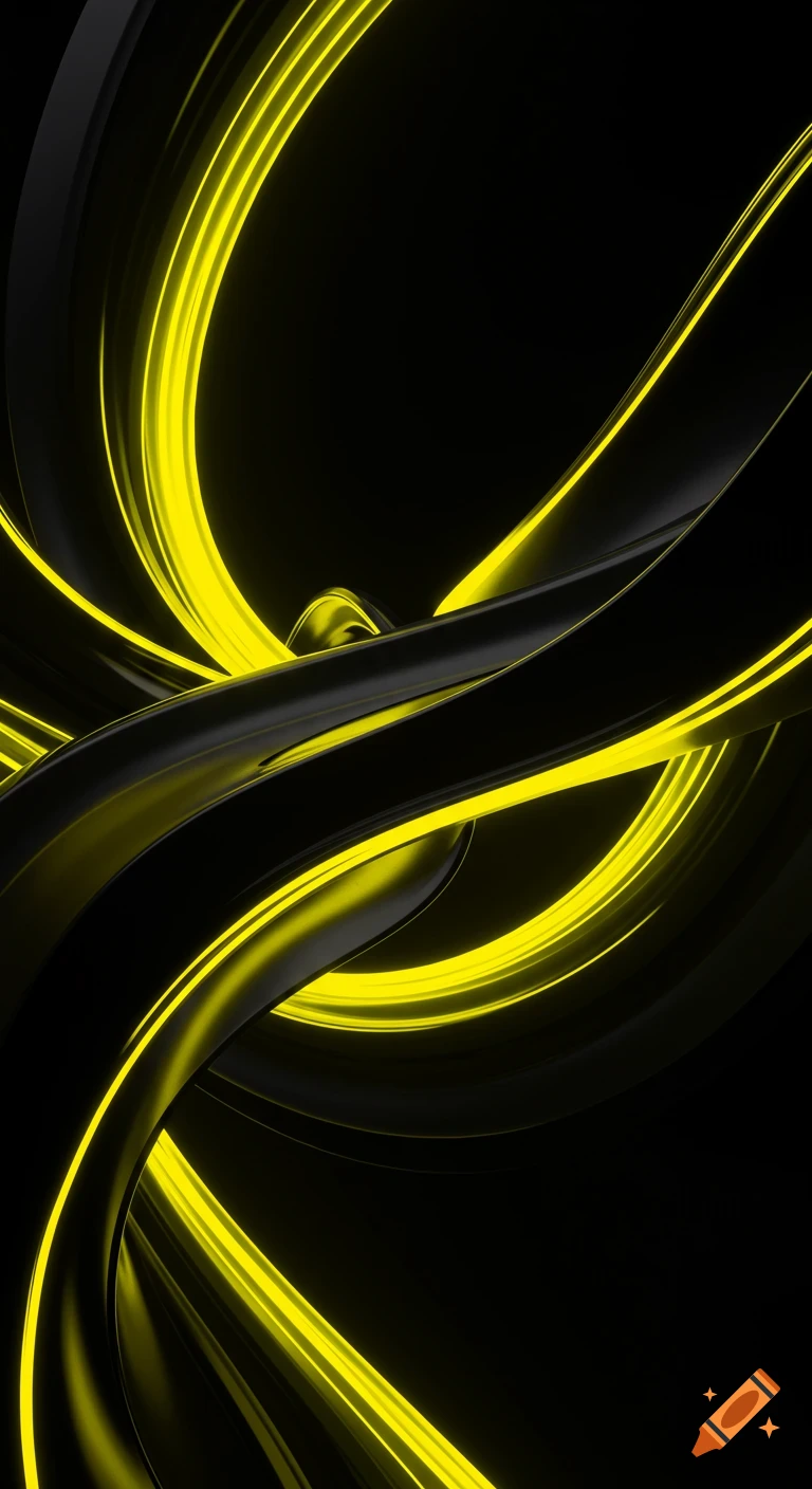 Abstract composition of glowing yellow and shiny black swirling curved lines on a dark background.