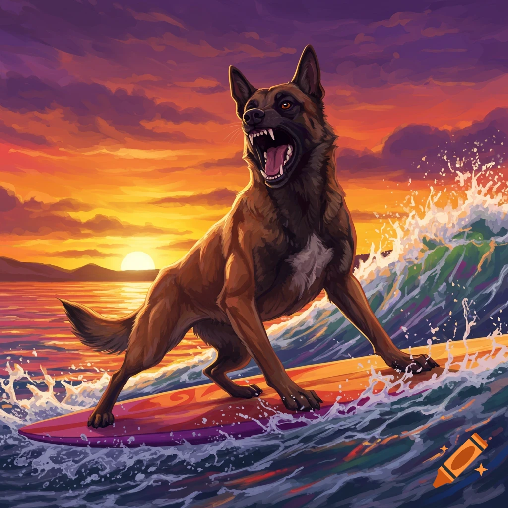 A snarling Belgian Malinois dog surfs a wave on a vibrant surfboard during a colorful sunset, in a stylized painting.