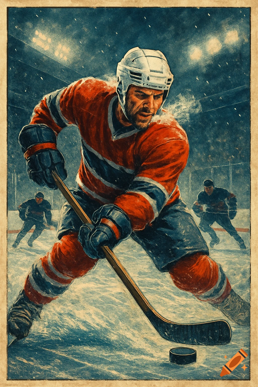 A vintage-style illustration of a hockey player in a red and blue jersey, stick-handling a puck on the ice during a game.
