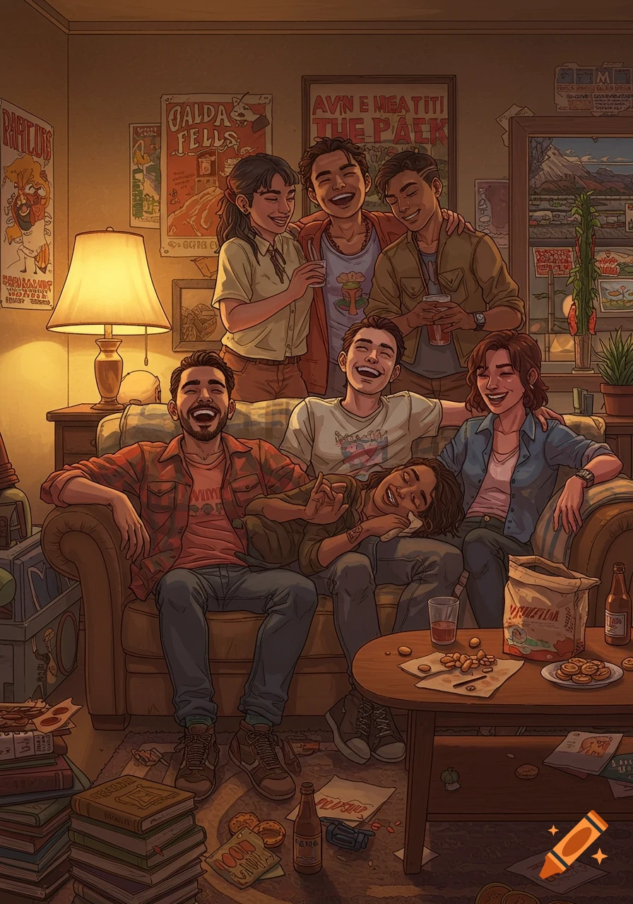 An illustration of seven diverse friends laughing and relaxing in a cozy, cluttered living room, some on a couch, some standing, with snacks and drinks.