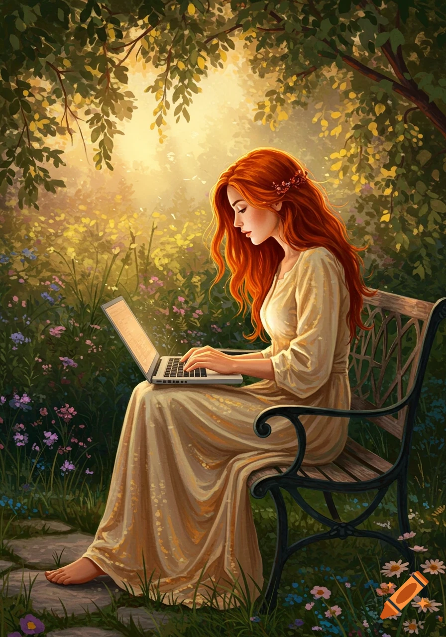 Illustrated red-haired woman sitting on a bench in a sunny garden, typing on a laptop.