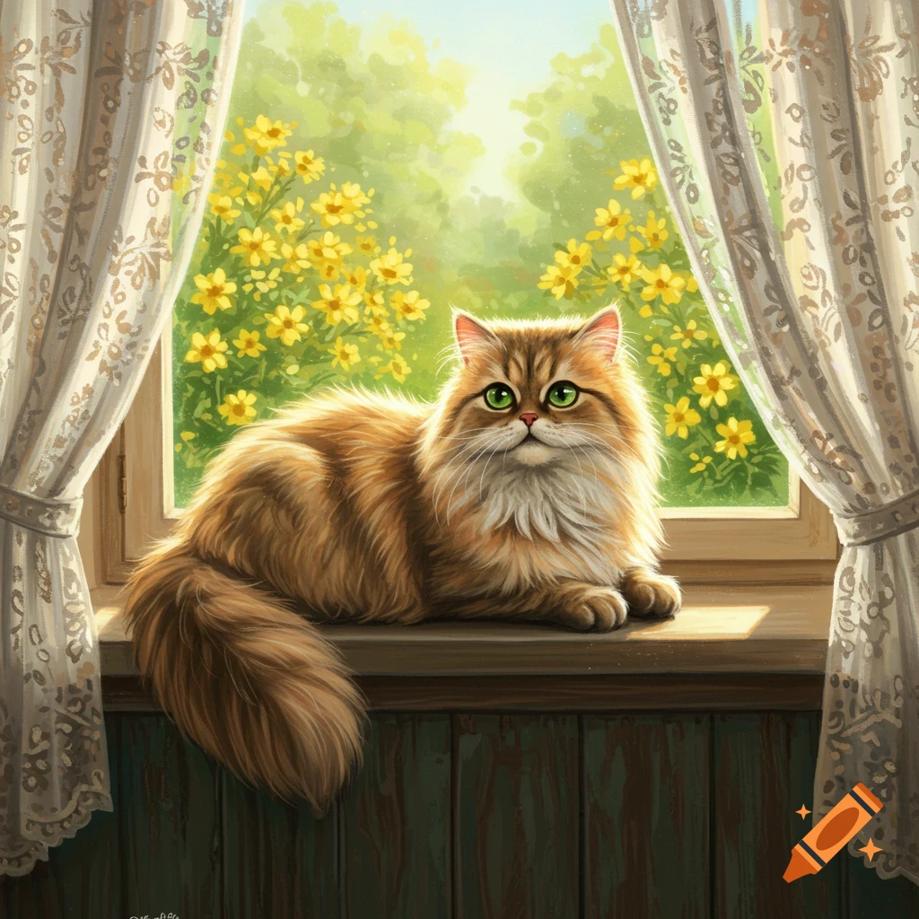 A fluffy, orange tabby cat with bright green eyes lies on a sunny windowsill, framed by lace curtains and a background of yellow flowers.