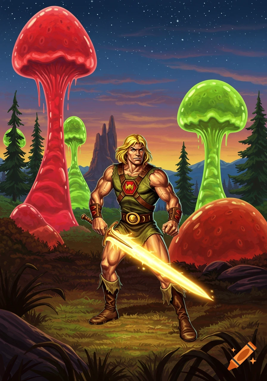 A muscular blond warrior in green armor holds a glowing sword in a vibrant fantasy landscape with giant red and green mushrooms under a sunset sky.