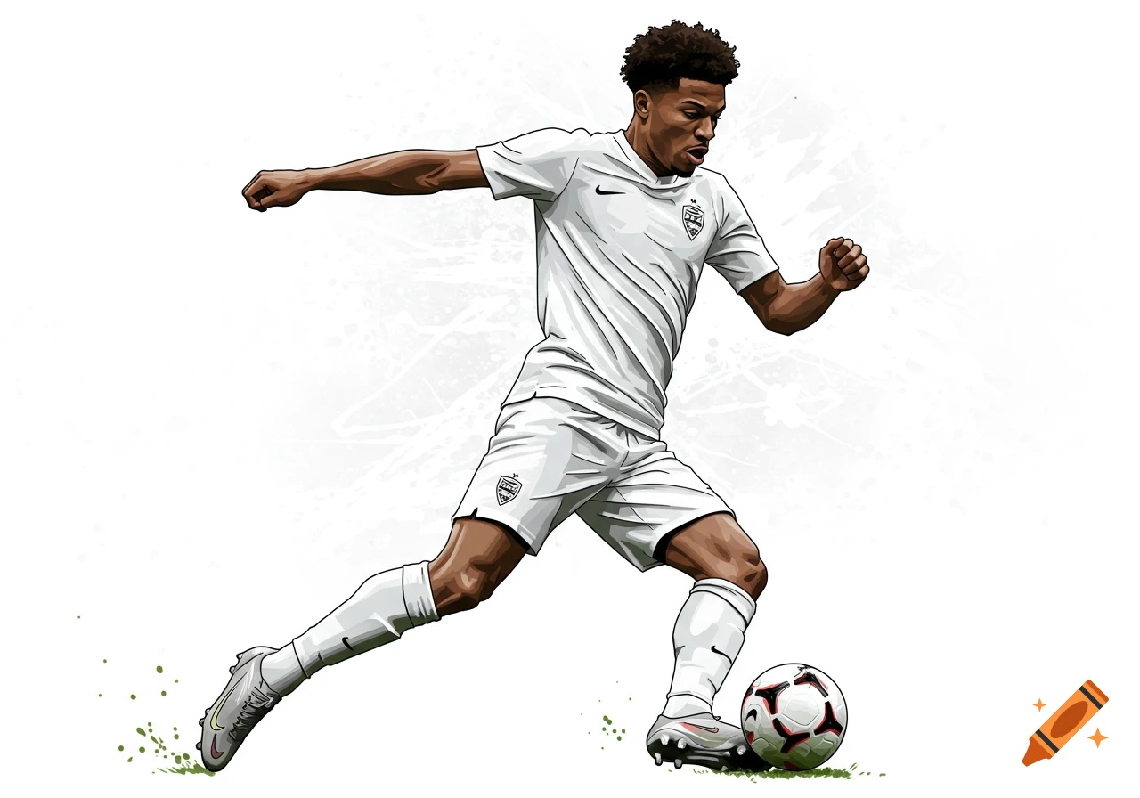 An illustration of a dark-skinned male soccer player in a white uniform dribbling a ball, with a minimalist white background and subtle green ground specks.