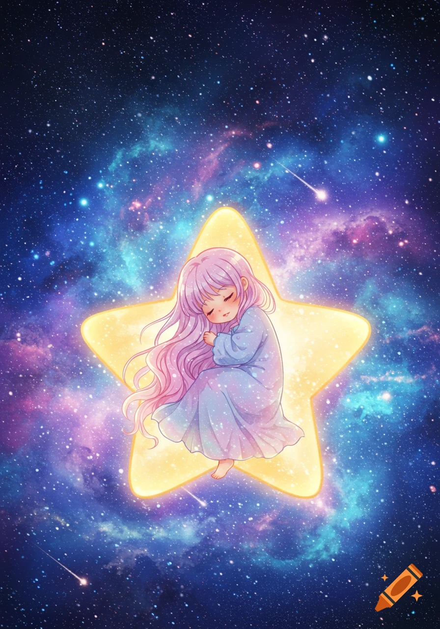 A cute anime girl with pink hair sleeps on a glowing yellow star in a vibrant purple and blue galaxy with stars and shooting stars.