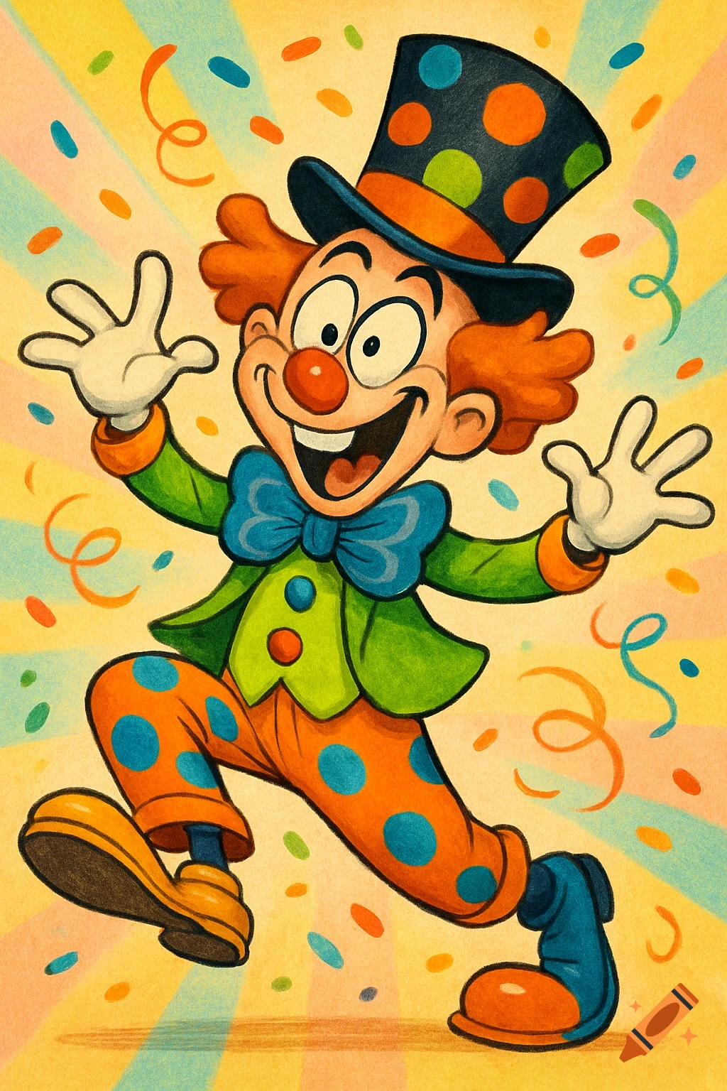 A joyful cartoon clown with a red nose, orange hair, a blue bow tie, and a polka-dotted hat and pants, celebrating with colorful confetti.