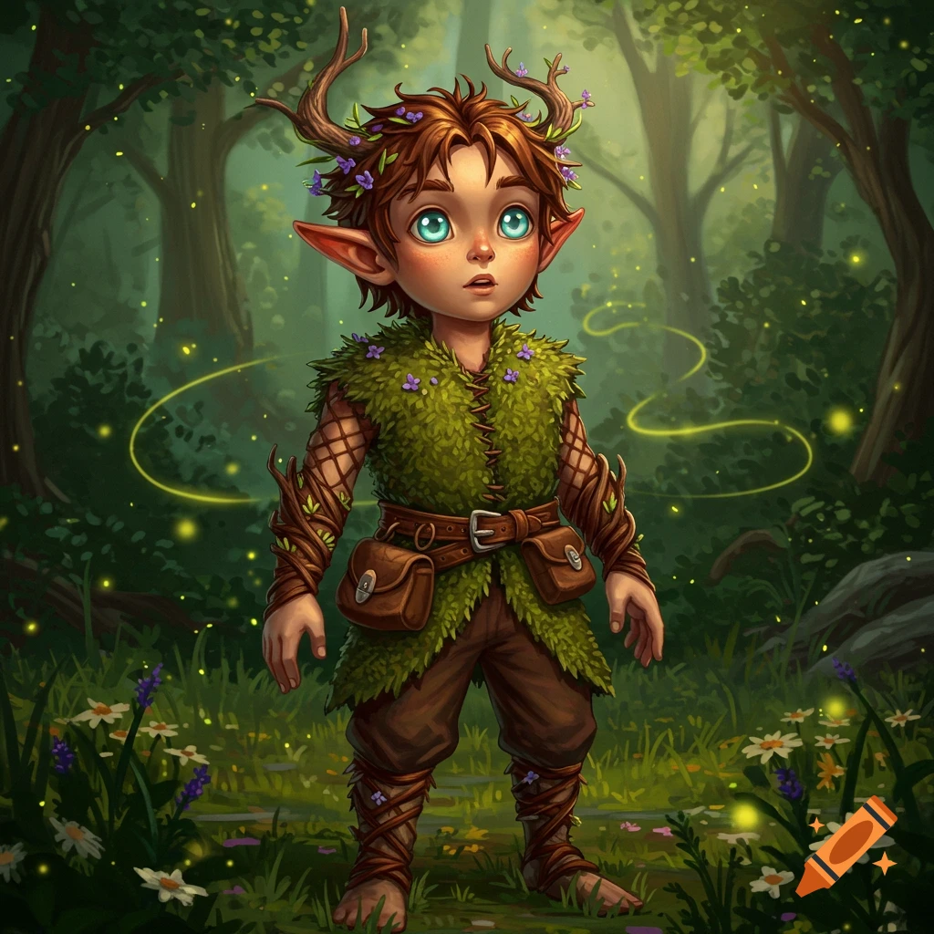 A cute wood elf druid with antlers and glowing blue eyes stands in a magical forest with fireflies, in a digital art style.