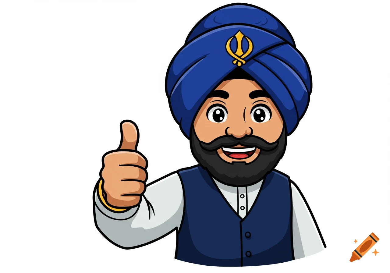 Cartoon illustration of a cheerful Sikh man in a blue turban and navy waistcoat giving a thumbs-up.