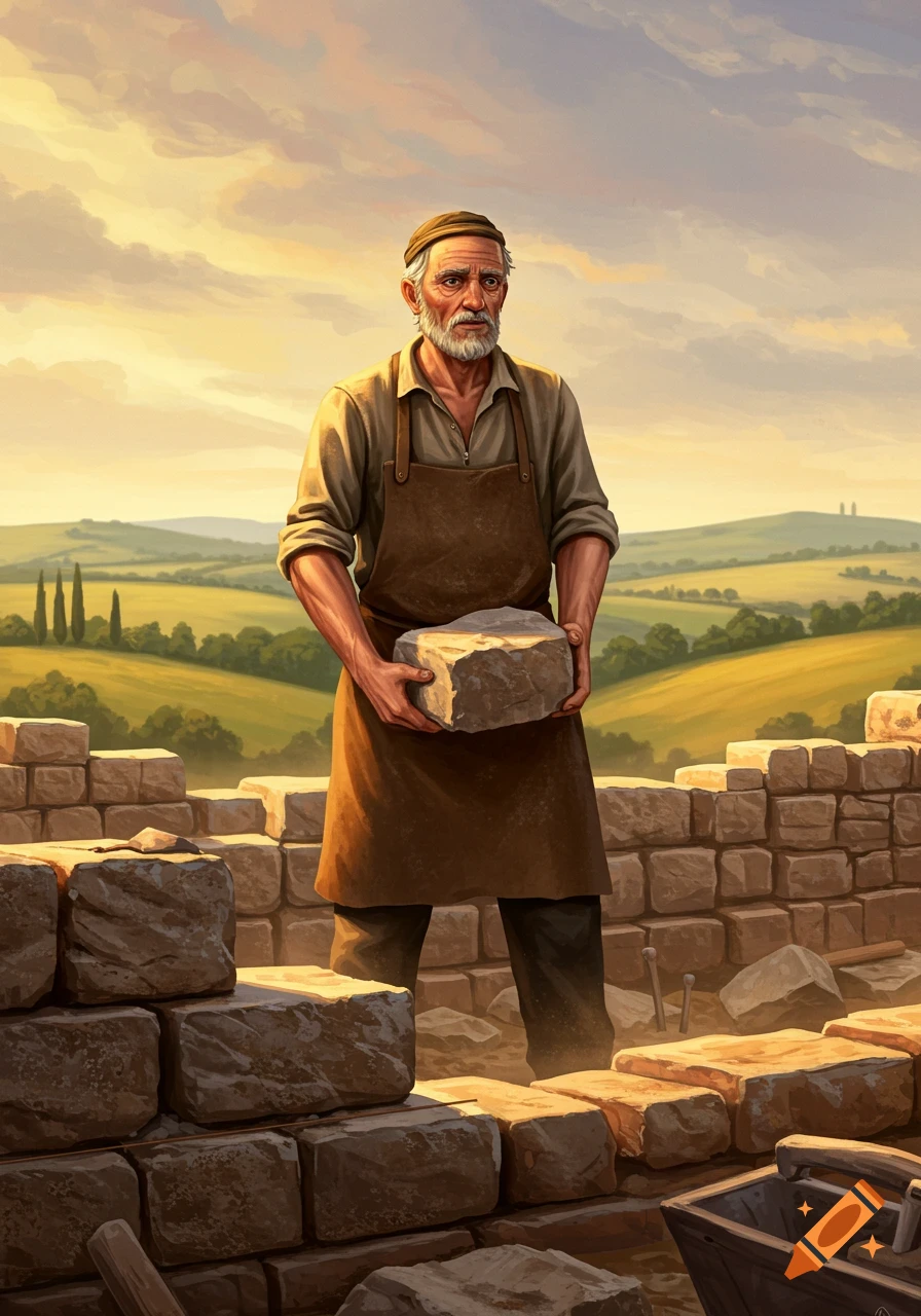 An elderly mason in an apron holds a large stone, building a wall in a sunny, green rural landscape.