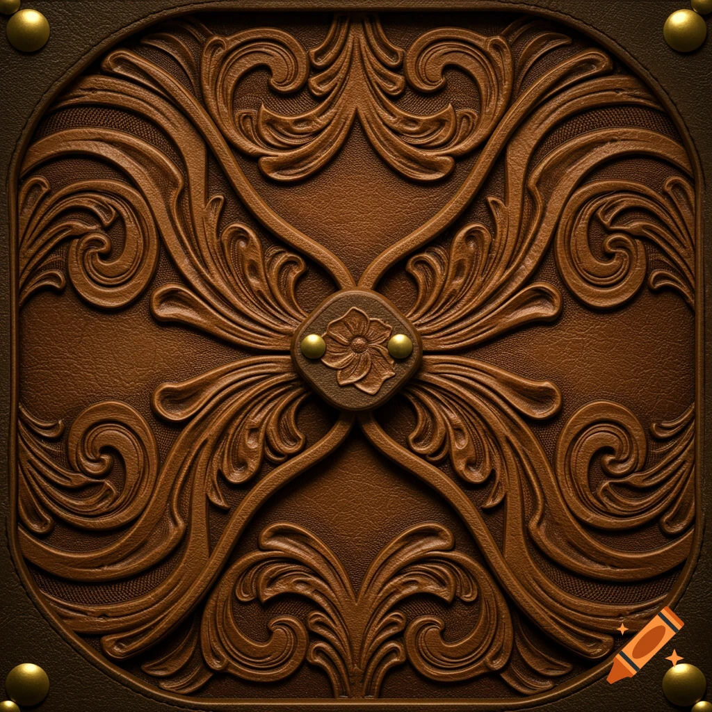 Detailed brown tooled leather pattern with ornate swirling and floral designs, accented by gold studs.