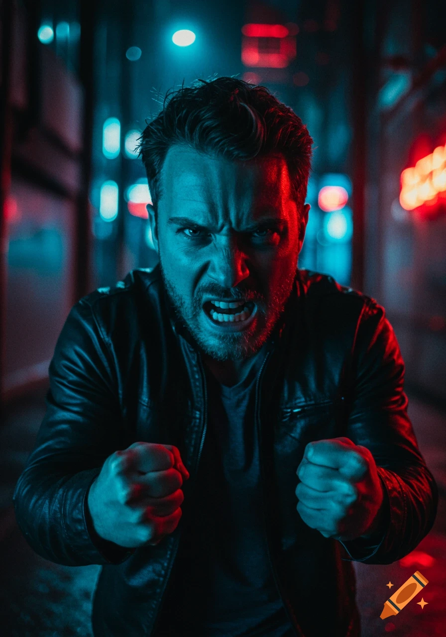 An angry man with a beard, wearing a black leather jacket, clenches his fists and snarls in an alley lit by neon red and blue lights.
